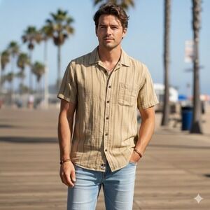 Katin‎ Men's MD Linen Cotton Stripe Short Sleeve Button Down Shirt Tan Mustard